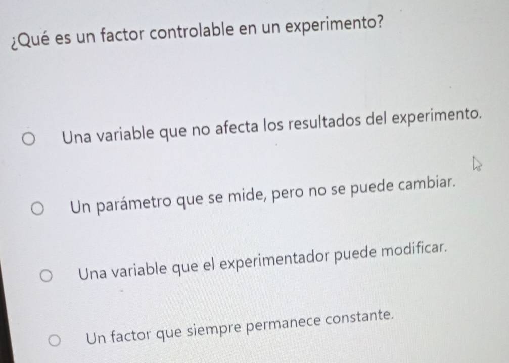 Resuelto:¿Qué es un factor controlable en un experimento? Una variable ...