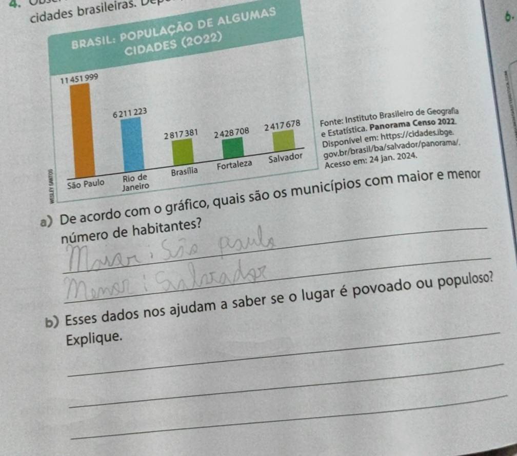 cidades brasileiras. De 
6. 
nte: Instituto Brasileiro de Geografa 
Estatística. Panorama Censo 2022. 
isponível em: https://cidades.ibge. 
ov.br/brasil/ba/salvador/panorama/. 
cesso em: 24 jan. 2024. 
a) De acordo cocípios com maior e menor 
número de habitantes? 
_ 
_ 
b) Esses dados nos ajudam a saber se o lugar é povoado ou populoso? 
Explique. 
_ 
_