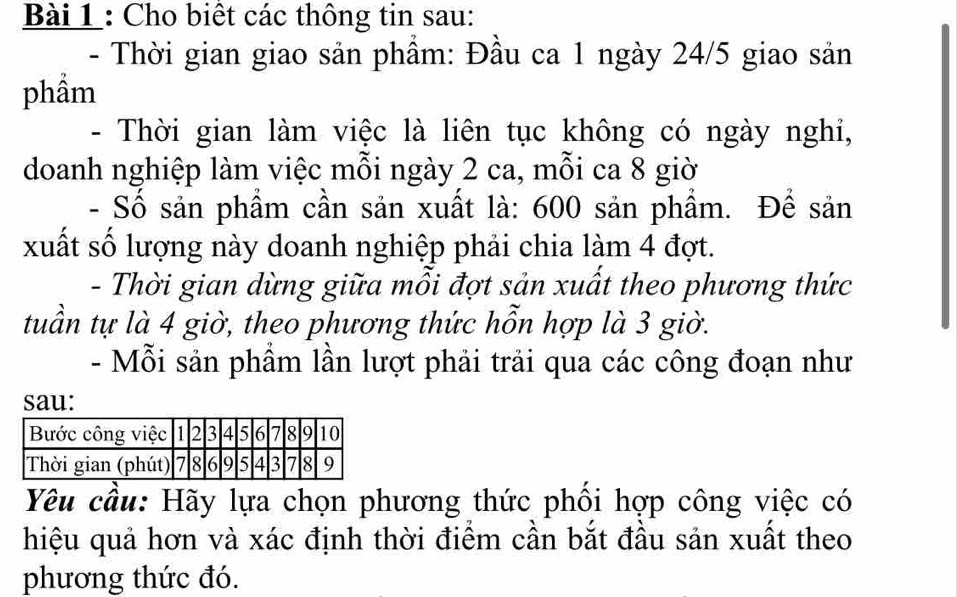 Cho biết các thông tin sau: 
- Thời gian giao sản phẩm: Đầu ca 1 ngày 24/5 giao sản 
phầm 
- Thời gian làm việc là liên tục không có ngày nghi, 
doanh nghiệp làm việc mỗi ngày 2 ca, mỗi ca 8 giờ 
- Số sản phẩm cần sản xuất là: 600 sản phầm. Để sản 
xuất số lượng này doanh nghiệp phải chia làm 4 đợt. 
- Thời gian dừng giữa mồi đợt sản xuất theo phương thức 
tuần tự là 4 giờ, theo phương thức hỗn hợp là 3 giờ. 
- Mỗi sản phầm lần lượt phải trải qua các công đoạn như 
sau: 
Yêu cầu: Hãy lựa chọn phương thức phối hợp công việc có 
hiệu quả hơn và xác định thời điểm cần bắt đầu sản xuất theo 
phương thức đó.