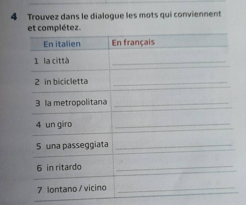 Trouvez dans le dialogue les mots qui conviennent 
mplétez. 
__