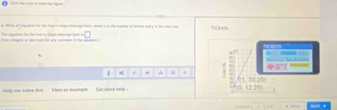 Cick the lcan tà vew the tgus 
a. Vtas arfequation for the fine in vlope intercept torn, where i is the number of Sickets and y is the istal cast Tickets 
The aqusion for the line in slope intercept fo =□
Lso integers or decmals for any numbens in the equation) 
toars N 
W 10=
1 * r' . 5 8, 00 f(1,33,25) PUNOASE 
Help me solve this View an example Get more help - (0,12.25)
Qurvts . .