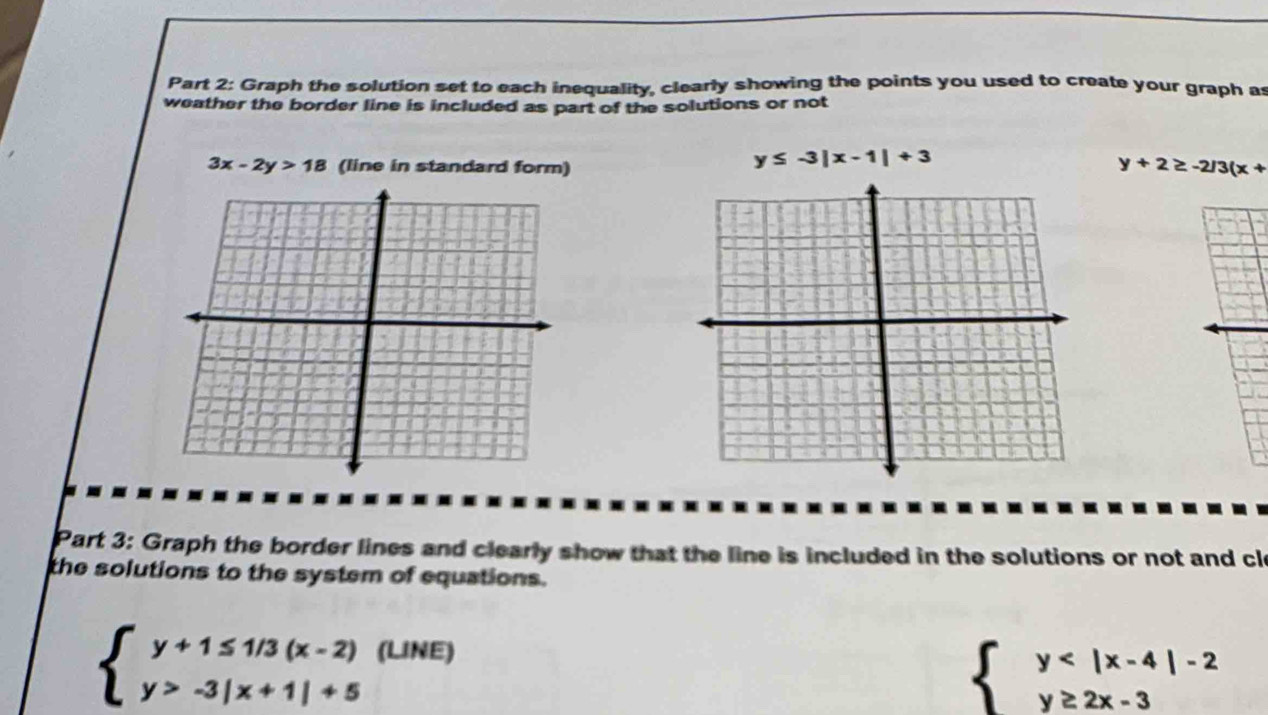 Graph the solution set to each inequality, clearly showing the points you used to create your graph as 
weather the border line is included as part of the solutions or not
3x-2y>18 (line in standard form)
y≤ -3|x-1|+3
y+2≥ -2/3(x+
Part 3: Graph the border lines and clearly show that the line is included in the solutions or not and cle 
the solutions to the system of equations.
beginarrayl y+1≤ 1/3(x-2)(LiNE y>-3|x+1|+5endarray.
beginarrayl y