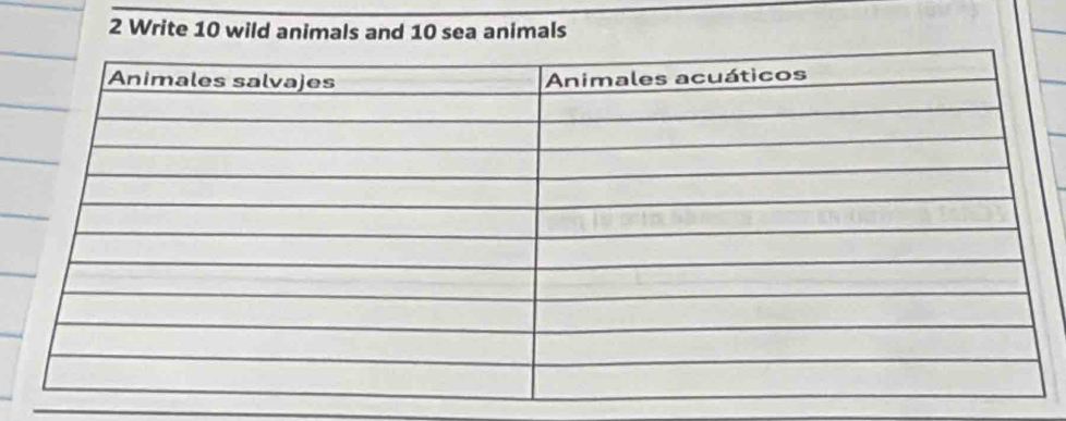 Write 10 wild animals and 10 sea animals