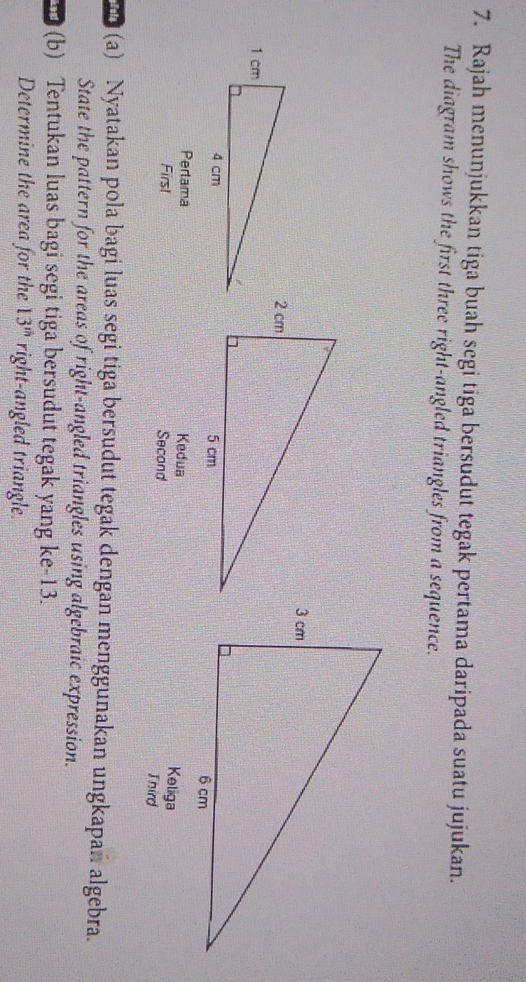 Rajah menunjukkan tiga buah segi tiga bersudut tegak pertama daripada suatu jujukan. 
The diagram shows the first three right-angled triangles from a sequence. 
Pertama Kedua Keliga 
First Second 
Third 
(a) Nyatakan pola bagi luas segi tiga bersudut tegak dengan menggunakan ungkapan algebra. 
State the pattern for the areas of right-angled triangles using algebraic expression. 
(b) Tentukan luas bagi segi tiga bersudut tegak yang ke -13. 
Determine the area for the 13^(th) right-angled triangle.