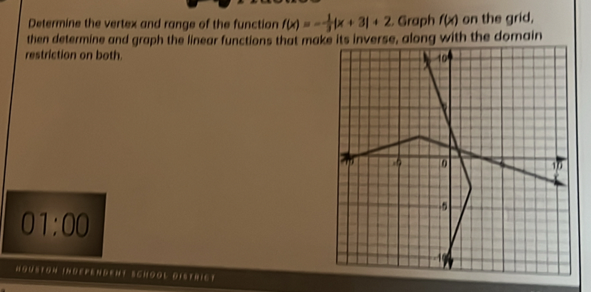 Determine the vertex and range of the function f(x)=- 1/3 |x+3|+2 Graph f(x) on the grid, 
then determine and graph the linear functions that make its inverse, along with the domain 
restriction on both. 
01:00 
NQUSTON INDEPENDEnt SChoOl DIstrICt