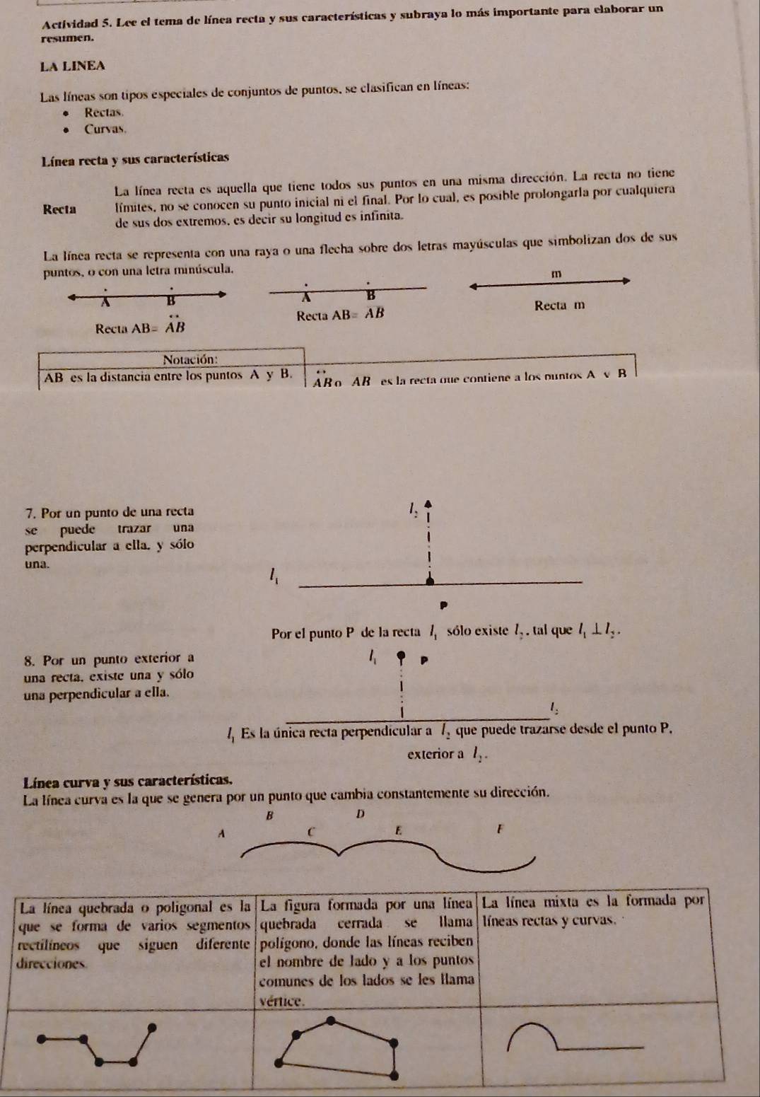 Actividad 5. Lee el tema de línea recta y sus características y subraya lo más importante para elaborar un 
resumen. 
LA LINEA 
Las líneas son tipos especiales de conjuntos de puntos, se clasifican en líneas: 
Rectas 
Curvas 
Línea recta y sus características 
La línea recta es aquella que tiene todos sus puntos en una misma dirección. La recta no tiene 
Recta límites, no se conocen su punto inicial ni el final. Por lo cual, es posible prolongarla por cualquiera 
de sus dos extremos, es decir su longitud es infinita. 
La línea recta se representa con una raya o una flecha sobre dos letras mayúsculas que simbolizan dos de sus 
puntos, o con una letra minúscula.
m
A B
a B
Recta m
Recta AB=AB
Recta AB=AB
Notación:
AB es la distancia entre los puntos A y B. AB o AB es la recta oue contiene a los ountos Avee B
7. Por un punto de una recta
l_2
se puede trazar una 
perpendicular a ella. y sólo 
una. 
_ l_1
Por el punto P de la recta l_1 sólo existe l_2. tal que l_1⊥ l_2. 
8. Por un punto exterior a l_1
una recta, existe una y sólo 
una perpendicular a ella. 
_ 
_1: 
4 Es la única recta perpendicular a overline l_2 que puede trazarse desde el punto P. 
exterior a l_2. 
Línea curva y sus características. 
La línea curva es la que se genera por un punto que cambia constantemente su dirección. 
B 
D 
A 
C E
F