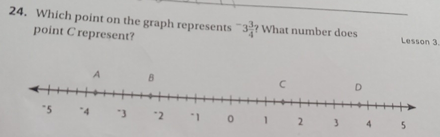 Which point on the graph represents^-3 3/4  ? What number does Lesson 3. 
point C represent?