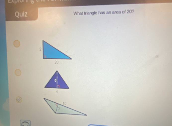 Expionns 
Quiz What triangle has an area of 20?