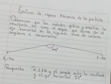 Gericon de reposo Miconica de la parhicula 
Delermnar por los melodes gròfico y onalitico la 
resullanle, asi como el angolo gue forma con el 
eye hoizontal en la siguienle suma de veclores 
angulares o concurrenles?
745°
F_2=4N
F=5N
Respuesta R=2.8N y el angelo enlie la resollanle 
y elege horizontal 53°