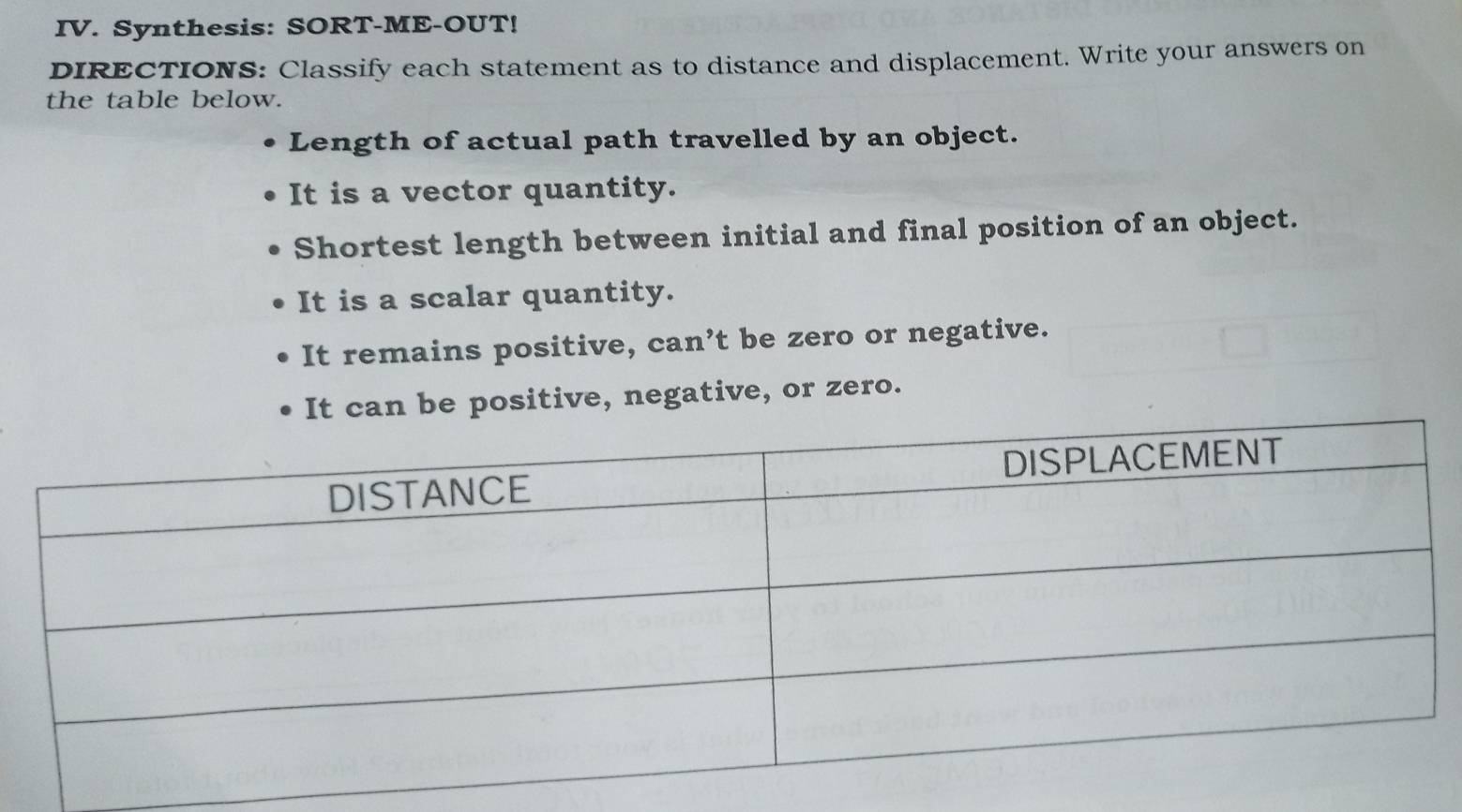 Synthesis: SORT-ME-OUT! 
DIRECTIONS: Classify each statement as to distance and displacement. Write your answers on 
the table below. 
Length of actual path travelled by an object. 
It is a vector quantity. 
Shortest length between initial and final position of an object. 
It is a scalar quantity. 
It remains positive, can’t be zero or negative. 
can be positive, negative, or zero.