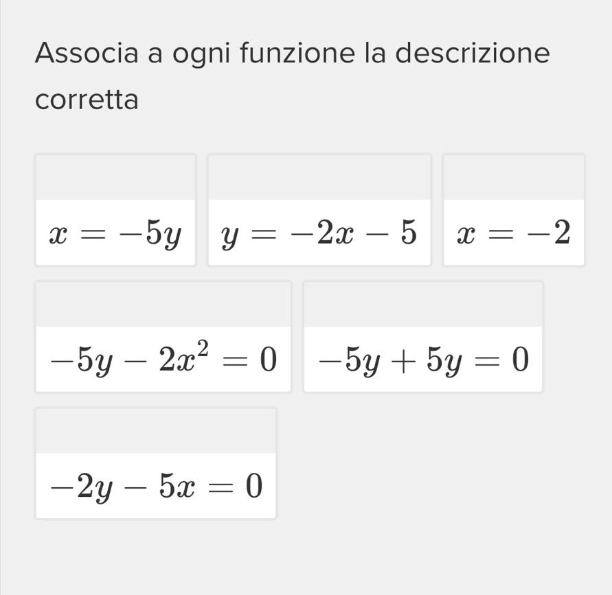 Associa a ogni funzione la descrizione 
corretta
x=-5y y=-2x-5 x=-2
-5y-2x^2=0 -5y+5y=0
-2y-5x=0