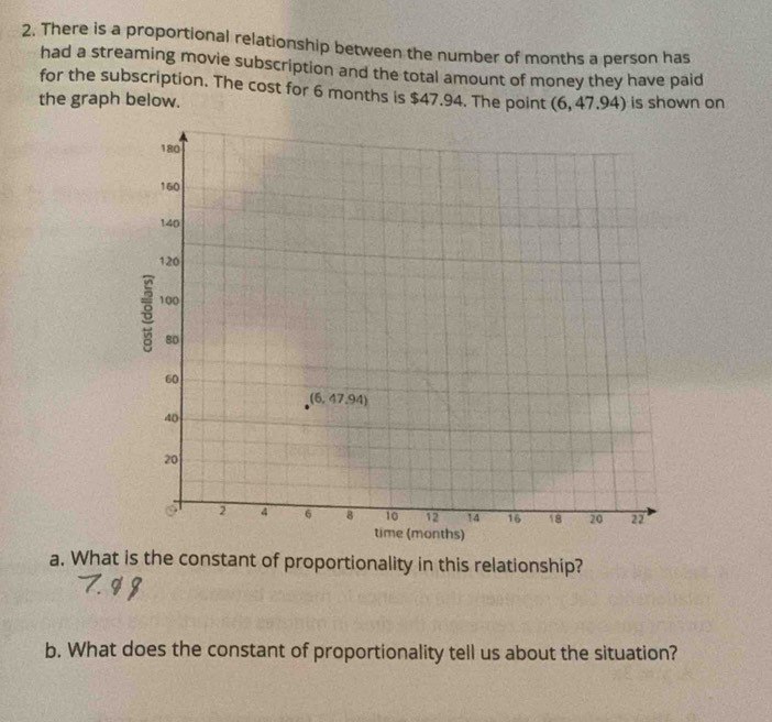 There is a proportional relationship between the number of months a person has 
had a streaming movie subscription and the total amount of money they have paid 
for the subscription. The cost for 6 months is $47.94. The point (6, 47.94) is shown on 
the graph below. 
a. What is the constant of proportionality in this relationship? 
b. What does the constant of proportionality tell us about the situation?