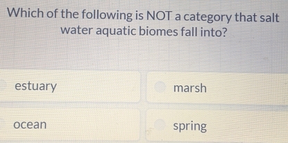 Which of the following is NOT a category that salt
water aquatic biomes fall into?
estuary marsh
ocean spring