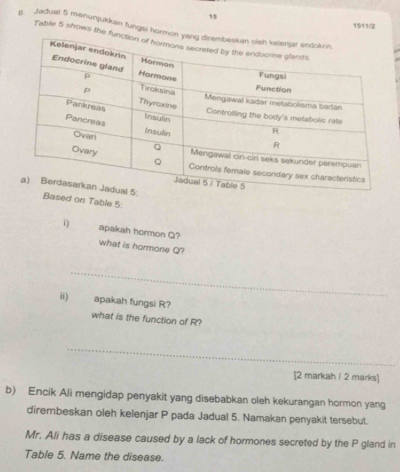 15 
1511/2 
5. Jadual 5 menunjukkan fungsi horm 
Table 5 shows the 
Based on Table 5: 
i) apakah hormon Q? 
what is hormone Q? 
_ 
ii) apakah fungsi R? 
what is the function of R? 
_ 
[2 markah / 2 marks] 
b) Encik Ali mengidap penyakit yang disebabkan oleh kekurangan hormon yang 
dirembeskan oleh kelenjar P pada Jadual 5. Namakan penyakit tersebut. 
Mr. Ali has a disease caused by a lack of hormones secreted by the P gland in 
Table 5. Name the disease.