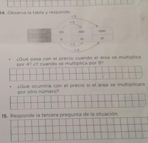 Observa la tabla y responde.
* 9
=4
120 480 1080
9 36
=4
* 9
¿Qué pasa con el precio cuando el área se multiplica 
por 4? ¿Y cuando se multiplica por 9? 
¿Qué ocurriría con el precio si el área se multiplicara 
por otro número? 
15. Responde la tercera pregunta de la situación.