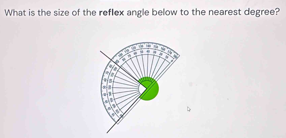 What is the size of the reflex angle below to the nearest degree?
120 130 140 150
110
160
100 10 60 50 40 30 20
170
t0 180
90
80
0
8
te
8
8
a
3
a 
I