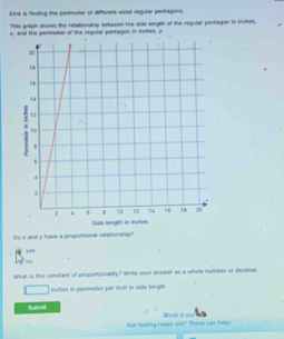 Ezva is finding the perimater of different-sined regutar pertagons.
This graph shows the relationship between the side longe of the regular peritagon in inches.
x, and the pertmeter of the regular pentagon in inches, y.
Dox and y have a proportional retationship?
y=
`no
What is the constant of proportionalify? Write your answer as a whole number or decmal,
inctes in perimator por insh in side tenyth
Sutmit
Not fooling readly Vel? These can herp; Worle st ou
