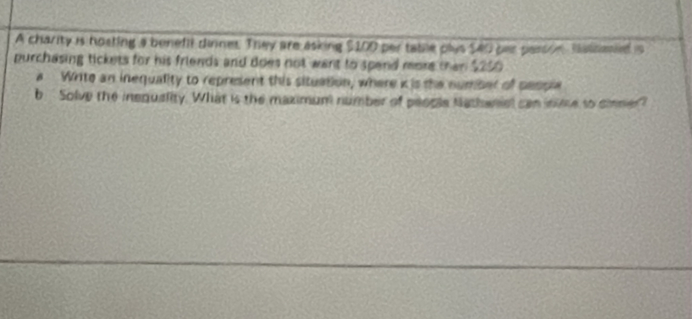 A charity is hosting a benefil dinnes. They are asking $100 per table plys $40 per pars n Matnamed is 
purchasing tickets for his friends and does not want to spend more than $250
a Write an inequality to represent this situation, where k is the number of sesple 
b Solve the insquality. What is the maximum number of peoris Nathanial can inime to cinmer