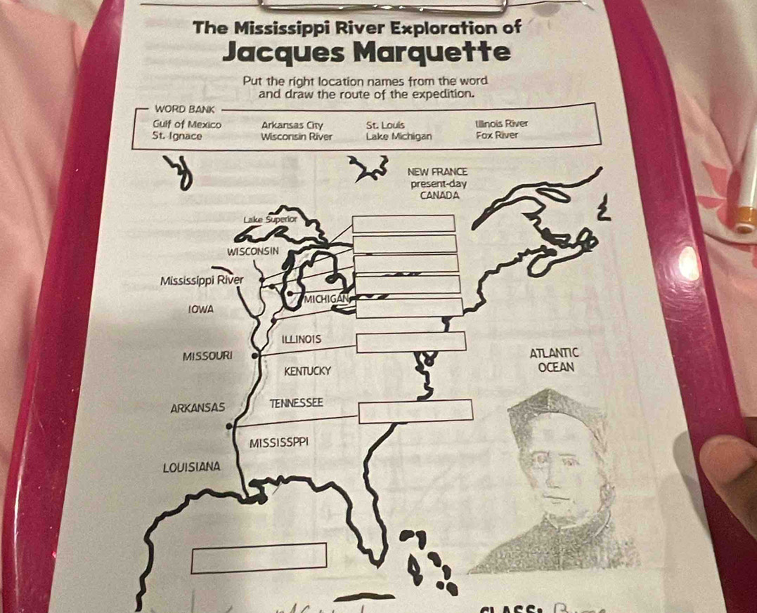 The Mississippi River Exploration of 
Jacques Marquette 
Put the right location names from the word 
and draw the route of the expedition.