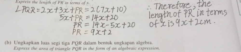 Express the length of PR in terms of x. 
(b) Ungkapkan luas segi tiga PQR dalam bentuk ungkapan algebra. 
Express the area of triangle PQR in the form of an algebraic expression.