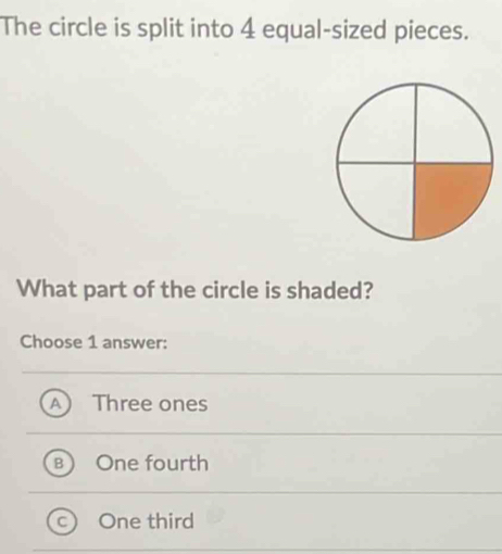 The circle is split into 4 equal-sized pieces.
What part of the circle is shaded?
Choose 1 answer:
Three ones
One fourth
One third