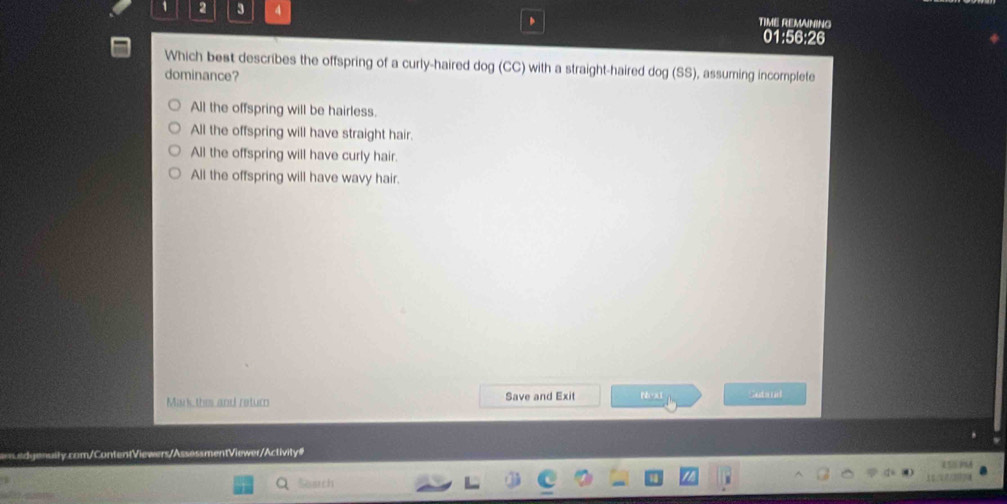 1 2 3 4 TIME REMANING
、
01:56:26
Which best describes the offspring of a curly-haired dog (CC) with a straight-haired dog (SS), assuming incomplete
dominance?
All the offspring will be hairless.
All the offspring will have straight hair.
All the offspring will have curly hair.
All the offspring will have wavy hair.
Mank thes and return Save and Exit Nxt Sutand
=== edgenuily.com/ContentViewers/AssessmentViewer/Activity#
Seach