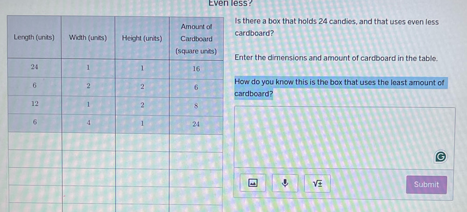 Even less? 
ere a box that holds 24 candies, and that uses even less 
board? 
r the dimensions and amount of cardboard in the table. 
do you know this is the box that uses the least amount of 
board? 
sqrt(± ) Submit