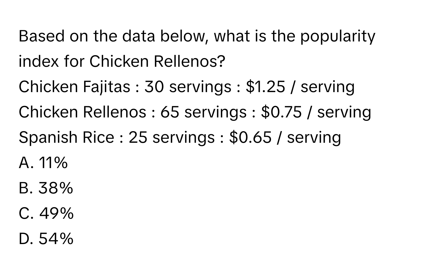 Based on the data below, what is the popularity index for Chicken Rellenos?

Chicken Fajitas : 30 servings : $1.25 / serving
Chicken Rellenos : 65 servings : $0.75 / serving
Spanish Rice : 25 servings : $0.65 / serving
A. 11%
B. 38%
C. 49%
D. 54%