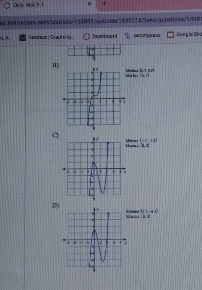 × + 
sd.instructure.com/courses/153852/quizzes/1030516/take/questions/94081 
n, A... Desmos | Graphing... Dashboard securlypass Google Slid 
B) 
mima: (07,0.9)
azima (0,1)
C)
(27,-7.3)
inima ax im a (0,2)
D) 
inima (27,-6.5)
axima: (0,3)