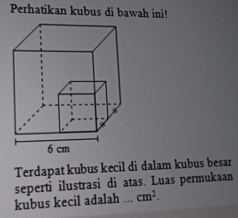 Perhatikan kubus di bawah ini! 
Terdapat kubus kecil di dalam kubus besar 
seperti ilustrasi di atas. Luas permukaan 
kubus kecil adalah _ cm^2.