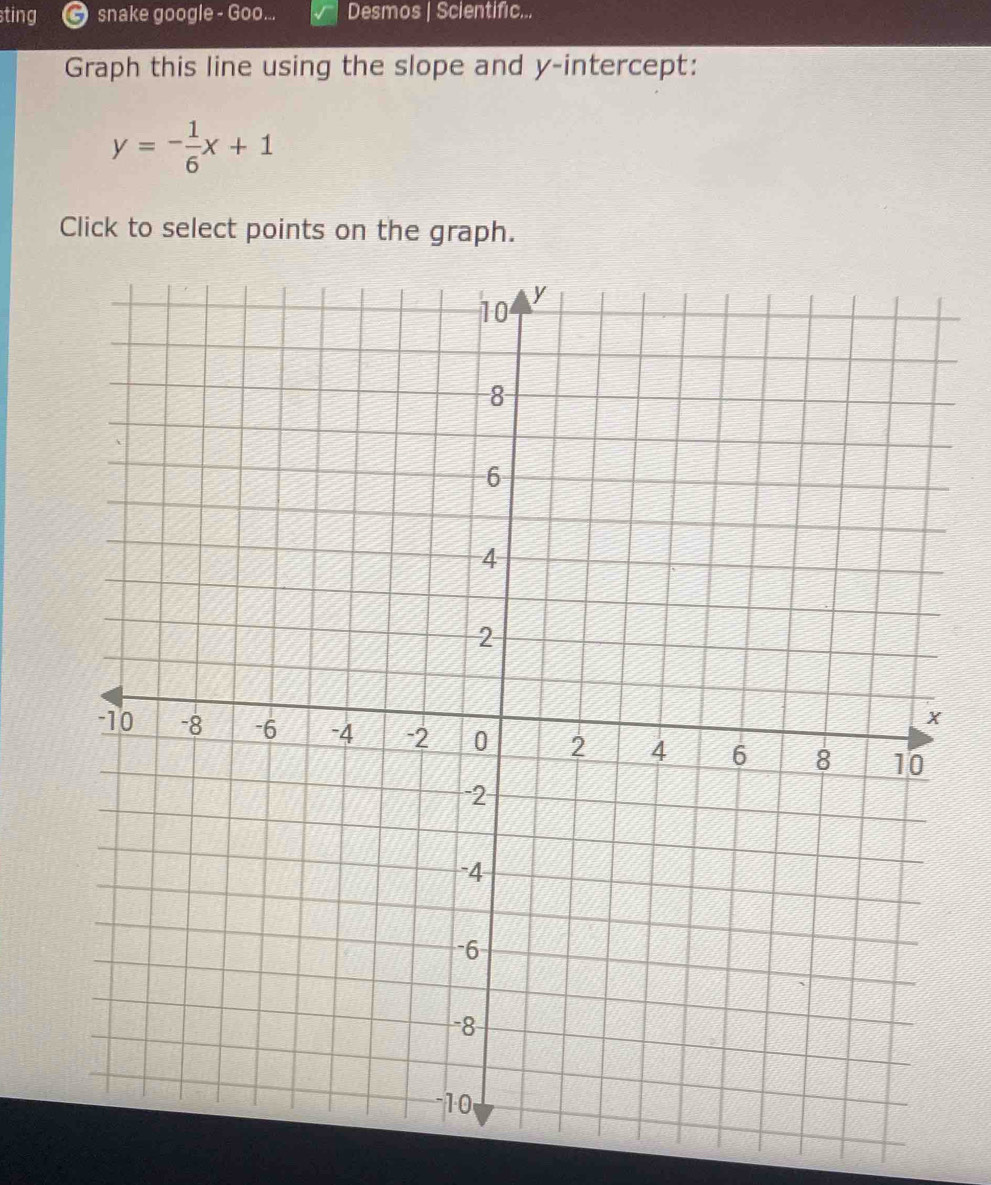 sting snake google - Goo... Desmos | Scientific... 
Graph this line using the slope and y-intercept:
y=- 1/6 x+1
Click to select points on the graph.