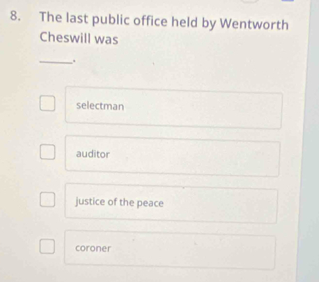 The last public office held by Wentworth
Cheswill was
_.
selectman
auditor
justice of the peace
coroner