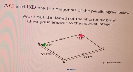 AC and BD are the diagonals of the parallelogram below.
Work out the length of the shorter diagonal.
Give your answer to the nearest integer.
Not drawn accurately
Q Zeem