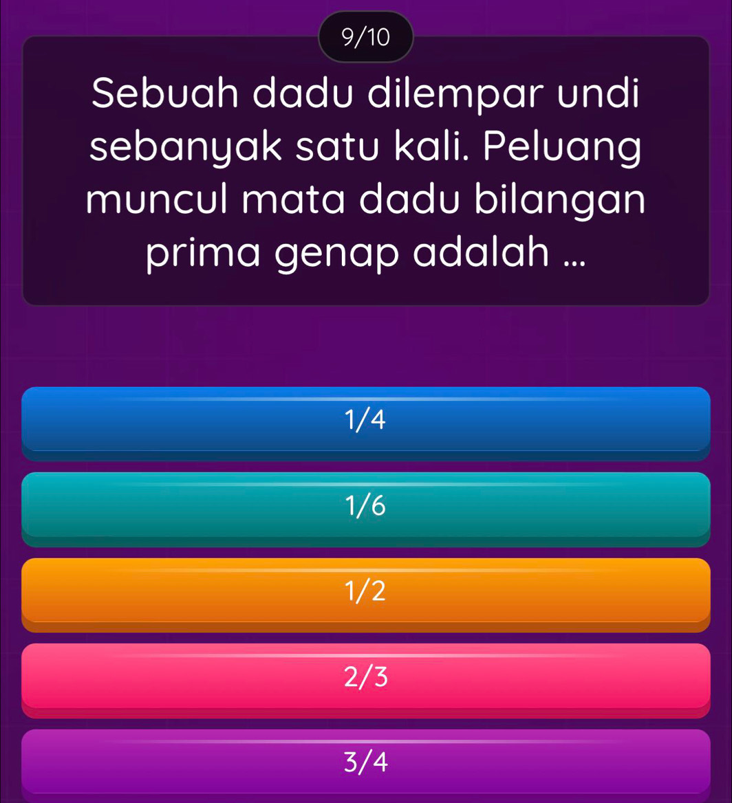 9/10
Sebuah dadu dilempar undi
sebanyak satu kali. Peluang
muncul mata dadu bilangan
prima genap adalah ...
1/4
1/6
1/2
2/3
3/4