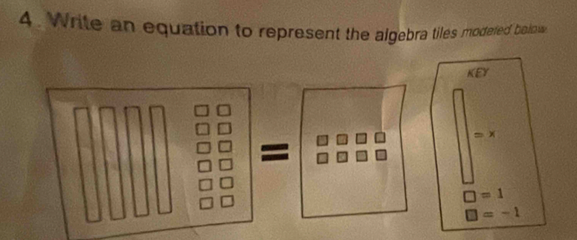 Write an equation to represent the algebra tiles modeted bolow
KEY
=x a
□ =1
□ =-1