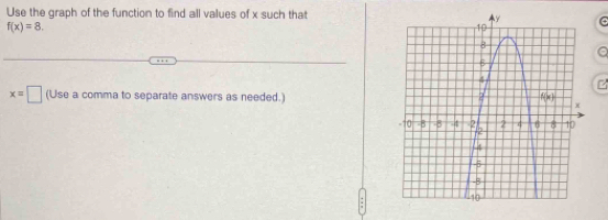 Use the graph of the function to find all values of x such that
f(x)=8.
x=□ (Use a comma to separate answers as needed.)
.