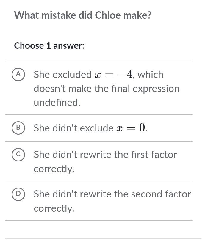 What mistake did Chloe make?
Choose 1 answer:
A She excluded x=-4 , which
doesn't make the final expression
undefined.
She didn't exclude x=0.
She didn't rewrite the first factor
correctly.
She didn't rewrite the second factor
correctly.