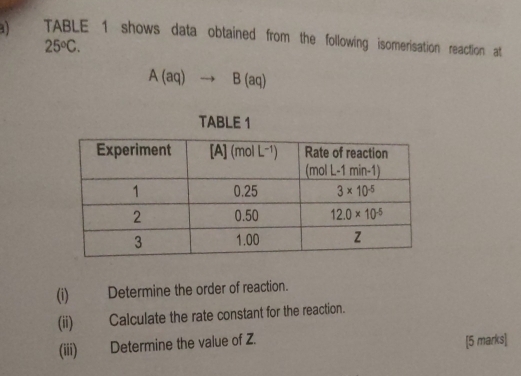 TABLE 1 shows data obtained from the following isomerisation reaction at
25°C.
A(aq)to B(aq)
(i) Determine the order of reaction.
(ii) Calculate the rate constant for the reaction.
(iii) Determine the value of Z.
[5 marks]