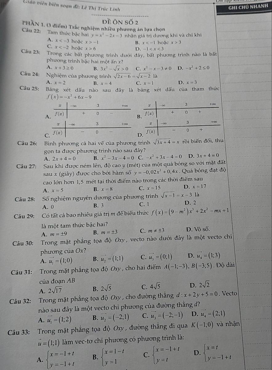 Giáo viên biên soạn đề: Lê Thị Trúc Linh
Ghi Chú nhanh
đề Ôn Số 2
PHÃN 1. (3 điểm) Trắc nghiệm nhiều phương án lựa chọn
Câu 22: Tam thức bậc hai y=x^2-2x-3 nhận giá trị dương khi và chỉ khi
A. x hoặc x>-1
B. x hoặc x>3
C. x hoặc x>6
D. -1
Câu 23: Trong các bất phương trình dưới đây, bất phương trình nào là bất
phương trình bậc hai một ấn x?
A. x+3≥ 0 B. 3x^2-sqrt(x)>0 C. x^2-x-3!= 0 D. -x^2+2≤ 0
Cầu 24: Nghiệm của phương trình sqrt(2x-6)=sqrt(x-2) 1 là
A. x=2 B. x=4 C. x=1 D. x=3
Câu 25: Bảng xét dấu nào sau đây là bảng xét dấu của tham thức
f(x)=-x^2+6x-9
Câu 26: Bình phương cả hai vế của phương trình sqrt(3x+4)=x rồi biến đổi, thu
gọn ta được phương trình nào sau đây?
A. 2x+4=0 B. x^2-3x-4=0 C. -x^2+3x-4=0 D. 3x+4=0
Câu 27: Sau khi được ném lên, độ cao y (mét) của một quả bóng so với mặt đất
sau x (giây) được cho bởi hàm số y=-0,02x^2+0,4x Quả bóng đạt độ
cao lớn hơn 1,5 mét tại thời điểm nào trong các thời điểm sau
A. x=5 B. x=8 C. x=15 D. x=1
Câu 28: Số nghiệm nguyên dương của phương trình sqrt(x-1)=x-31a
A. 0 B. 3 C. 1 D. 2
Câu 29: Có tất cả bao nhiêu giá trị m để biểu thức f(x)=(9-m^2)x^3+2x^2-mx+1
là một tam thức bậc hai?
A. m=± 9 B. m=± 3 C. m!= ± 3 D. Vô số.
Câu 30: Trong mặt phẳng tọa độ Oxy, vecto nào dưới đây là một vecto chỉ
phương của Ox?
A. vector u_1=(1;0) B. vector u_2=(1;1) C. vector u_3=(0;1) D. vector u_4=(1;3)
Câu 31: Trong mặt phẳng tọa độ Oxy , cho hai điểm A(-1;-3),B(-3;5). Độ dài
của đoạn AB
A. 2sqrt(17) B. 2sqrt(5) C. 4sqrt(5) D. 2sqrt(2)
Câu 32: Trong mặt phẳng tọa độ Oxy , cho đường thắng d:x+2y+5=0. Vecto
nào sau đây là một vecto chi phương của đường thắng d?
A. vector u_1=(1;2) B. vector u_2=(-2;1) C. vector u_3=(-2;-1) D. vector u_4=(2;1)
Cu 33: Trong mặt phẳng tọa độ Oxy , đường thắng đi qua K(-1;0) và nhận
vector u=(1;1) làm vec-tơ chỉ phương có phương trình là:
A. beginarrayl x=-1+t y=-1+tendarray. B. beginarrayl x=1-t y=1endarray. C. beginarrayl x=-1+t y=tendarray. D. beginarrayl x=t y=-1+tendarray.