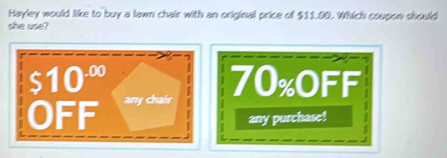 Hayley would like to buy a lawn chair with an original price of $11.00. Which coupon should
she use?
10^(-00) 70% oFF
OFF any chair
any purchase!