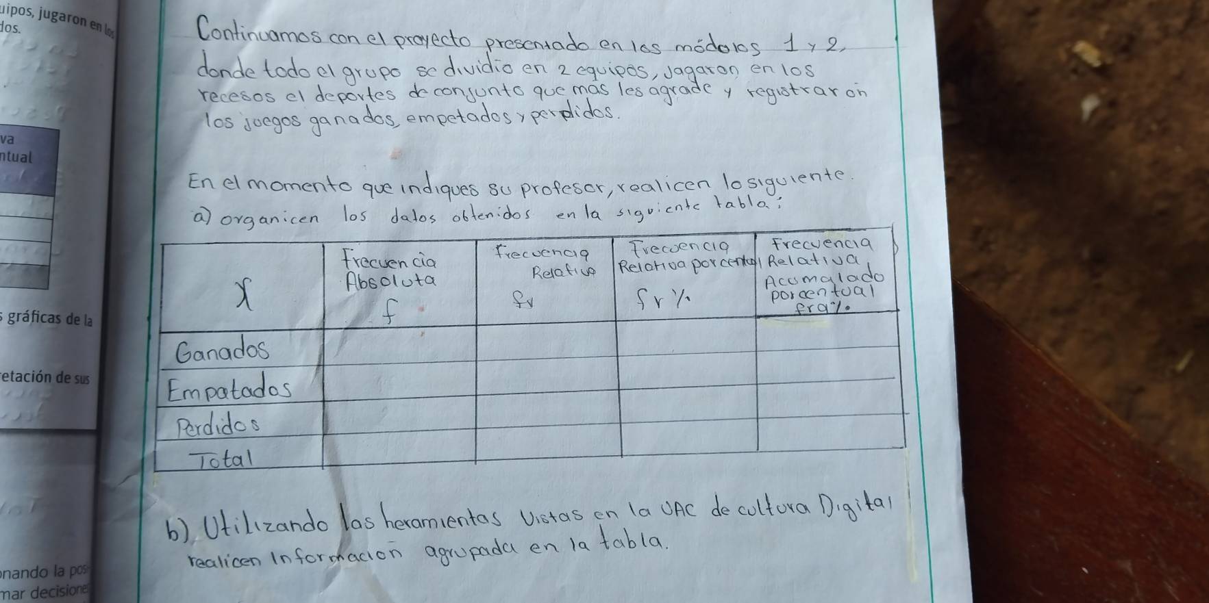 Continuamos con el proyecto prescntado enles modolos 1y 2
donde todoel grupo scdividio en 2 equipos, Jagaron en l0s
recesos el deportes doconsunto que mas les agrade y registrar on
los joegos gana dos, empetadosy perplides.
Enelmomento que indiques su profesor, realicen losiguiente
a) organicen los dalos obtenidos en la sigvicnic rabla:
b) Utilizando las heramentos Uistas en (a OAC de cultora Digital
realicen Informacion agrupada en la tabla