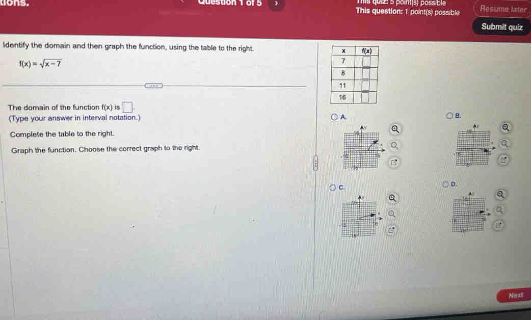 tons. Question 1 of 5  mis quiz: 5 point(s) possible Resume later
This question: 1 point(s) possible
Submit quiz
Identify the domain and then graph the function, using the table to the right.
f(x)=sqrt(x-7)
The domain of the function f(x) is □ .
(Type your answer in interval notation.) A. B.
Complete the table to the right.
Graph the function. Choose the correct graph to the right.
C.
D.
C
 
Next