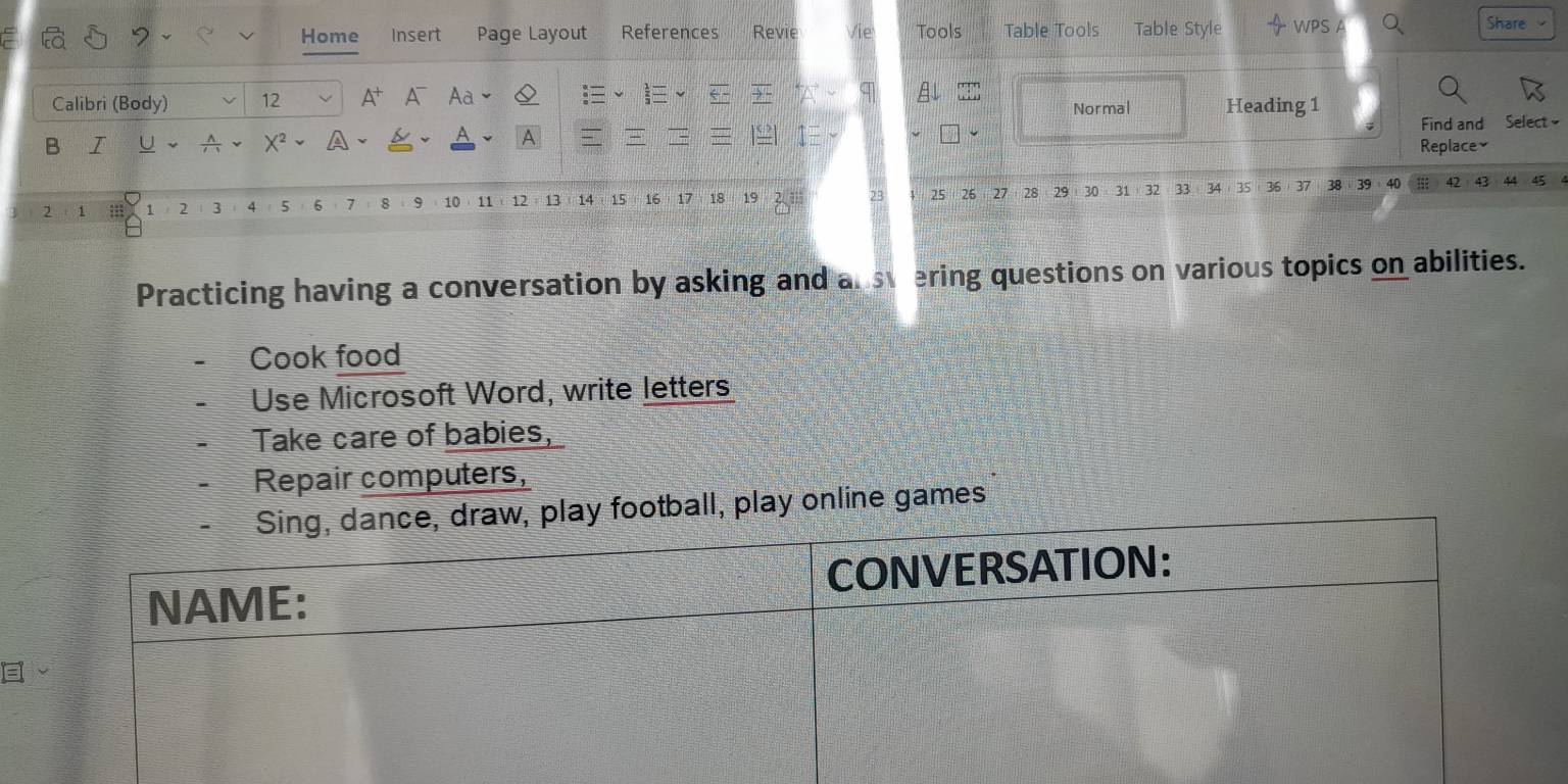 Home Insert Page Layout References Revie Vie Tools Table Tools Table Style WPS Share 
Calibri (Body) 12 A^+ A Aa~ Normal Heading 1 
B I U 
X² A、 A Find and Select 
Replace≌
25 26 27 28 29 30 31 32 33 40 42 43
2 1 1 2 3 4 5 6 7 8 9 。 10 11 12 。 13 14 15 16 17 18 19 34 35 36 37 38 39
Practicing having a conversation by asking and al svering questions on various topics on abilities. 
Cook food 
Use Microsoft Word, write letters 
Take care of babies, 
Repair computers, 
w, play football, play online games