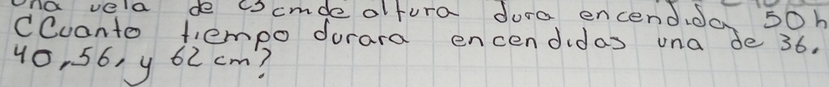 na vela de cscude altura dora encendida 50h
CCuanto tempo durara encendidas una de 36.
40, 56, y 62 cm?