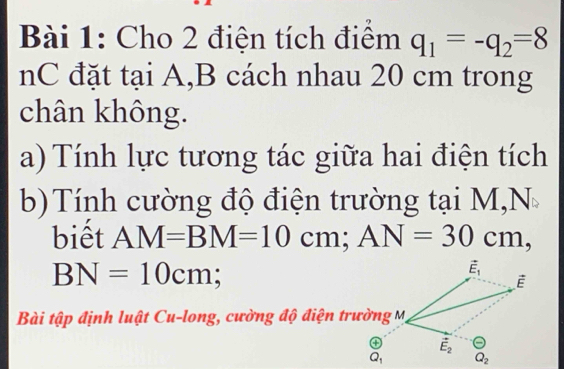 Cho 2 điện tích điểm q_1=-q_2=8
nC đặt tại A,B cách nhau 20 cm trong 
chân không. 
a) Tính lực tương tác giữa hai điện tích 
b Tính cường độ điện trường tại M,N 
biết AM=BM=10cm; AN=30cm,
BN=10cm;
vector E_1
É 
Bài tập định luật Cu-long, cường độ điện trường M
vector E_2
Q_1 Q_2