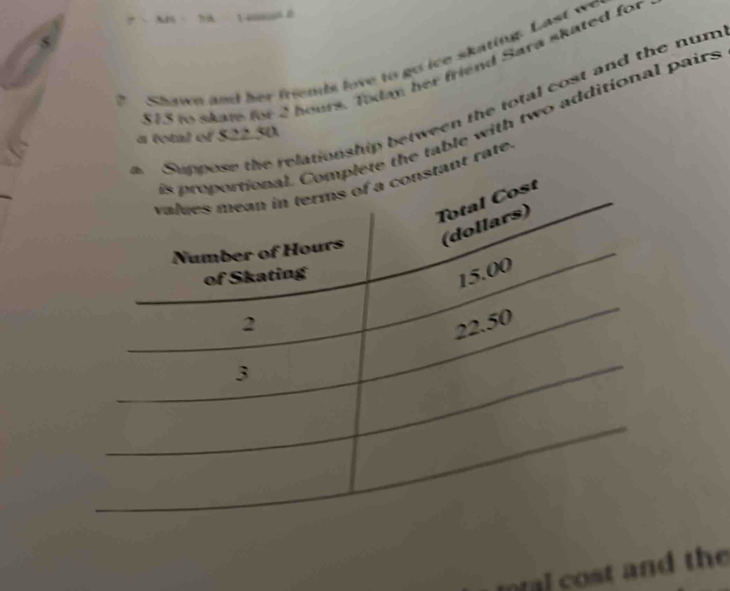 Shawn and her friends love to go ice skating. Last we
$15 to skat for 2 hours. Tidan her friend Sara skated for 
Suppose the relationship between the total cost and the num 
is proportional. Complete the table with two additional pairs 
a totl of $22.50
values mean in terms of a constant rate. 
Total Cost 
(dollars) 
Number of Hours
of Skating 15.00
2
3 22.50
tal cost and the