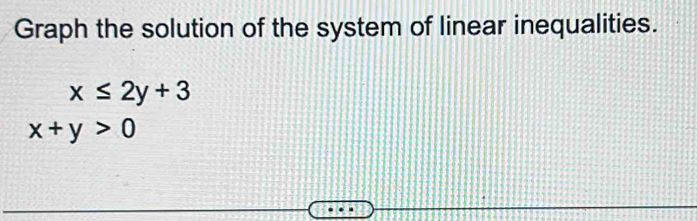 Graph the solution of the system of linear inequalities.
x≤ 2y+3
x+y>0