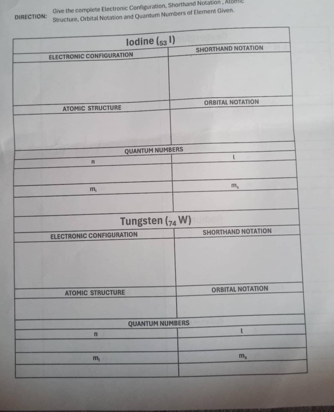 Give the complete Electronic Configuration, Shorthand Notation , Alomie
DIRECTION: Structure, Orbital Notation and Quantum Numbers of Element Given.