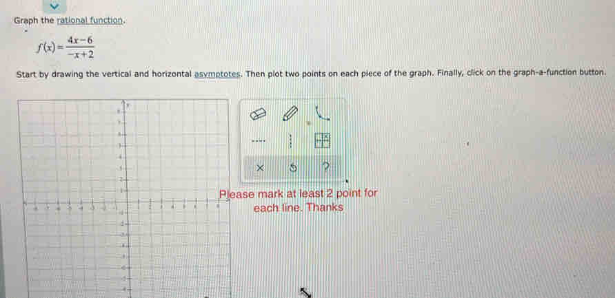 Graph the rational function.
f(x)= (4x-6)/-x+2 
Start by drawing the vertical and horizontal asymptotes. Then plot two points on each piece of the graph. Finally, click on the graph-a-function button. 
point for 
s