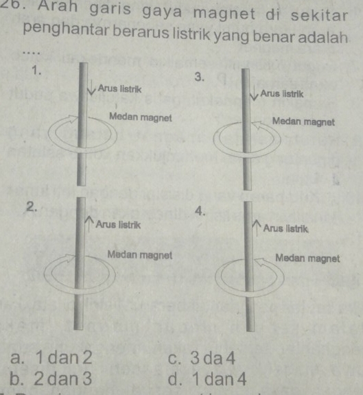 Arah garis gaya magnet di sekitar
penghantar berarus listrik yang benar adalah
…
1
3.
Arus listrik
Medan magnet
2
4.
Arus listrik
Medan magnet
a. 1 dan 2 c. 3 da 4
b. 2 dan 3 d. 1 dan 4